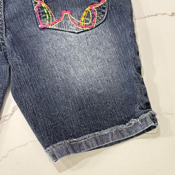 SO | Girls Dark Wash Denim Jean Shorts Neon Pink Green Accents Stitching - Picture 13 of 14